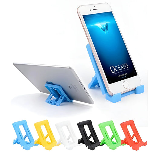 Adjustable phone stand with cradle, shown holding a smartphone; blue base