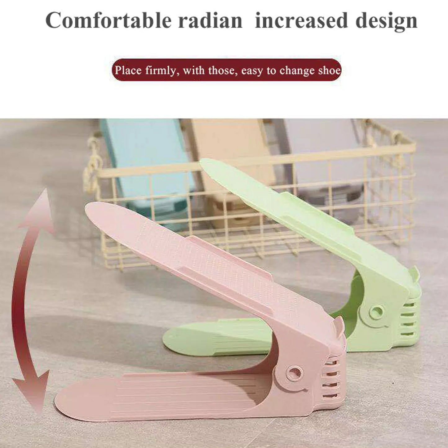 Adjustable shoe rack with hinged supports, mint green and light pink shoe holder