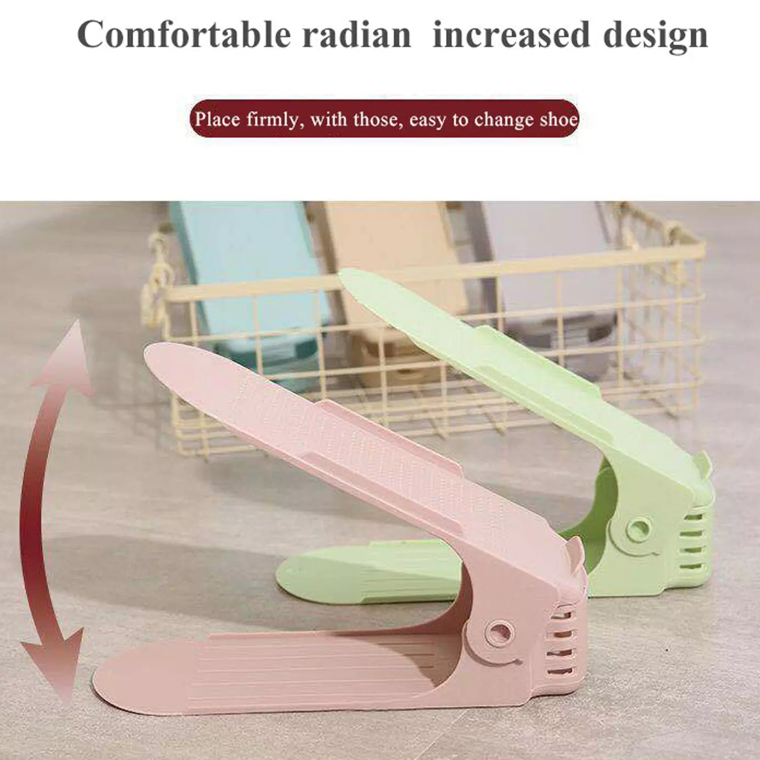 Adjustable shoe rack with hinged supports, mint green and light pink shoe holder