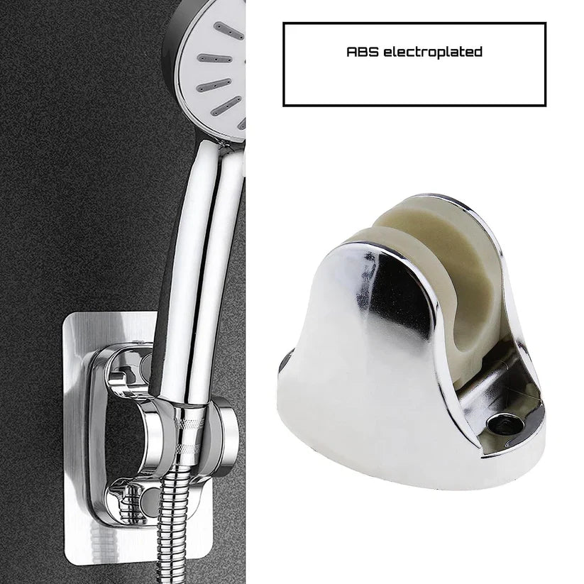 Adjustable shower head holder clamp with spring, metal finish and curved base