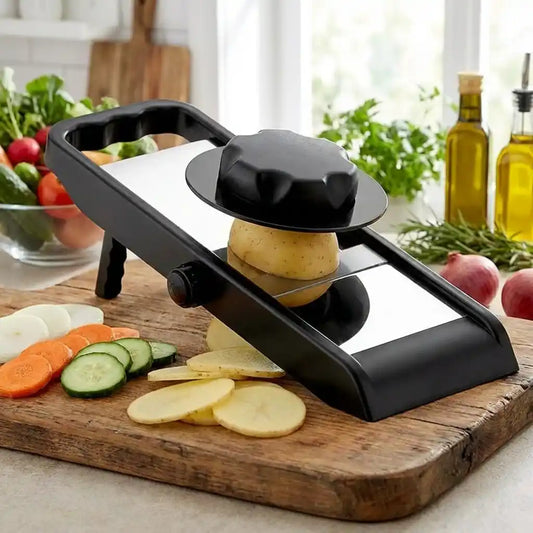 Adjustable slicer and grater with black grating drum on a wooden board