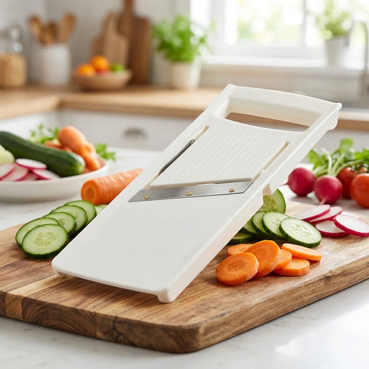 White adjustable fruit and vegetable slicer with ridged cutting plate