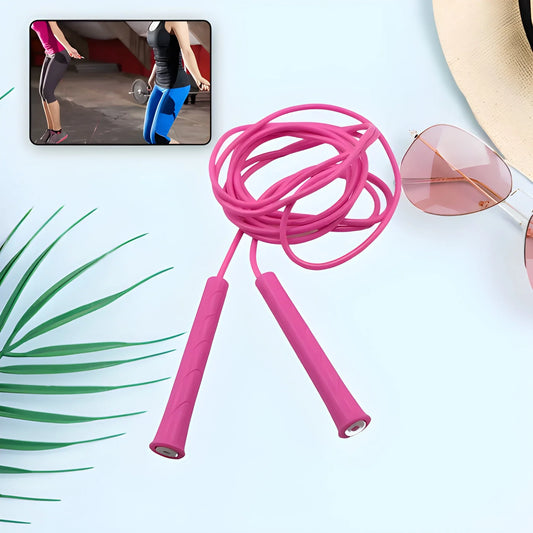 Pink adjustable speed jump rope with two foam handles and coiled cable