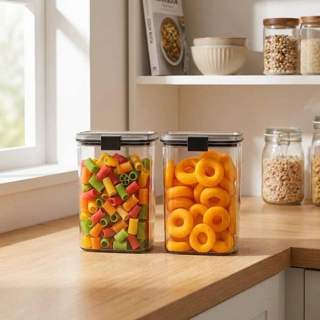 Set of 2 clear food storage jars with airtight lids, filled with pasta.