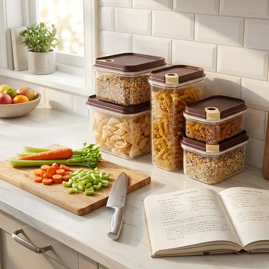 Airtight food storage containers set with clear sides and brown lids
