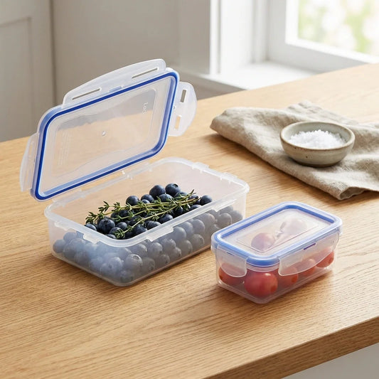 Airtight lunch box container with blue seal lid; clear compartments with blueberries and white grains