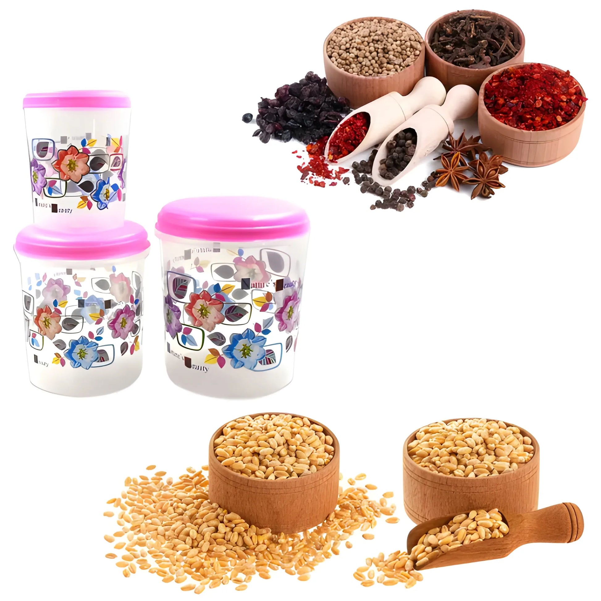 Airtight pantry containers set of two round white canisters with pink lids and colorful prints