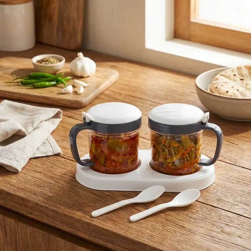 Airtight pickle and dry fruit set: two clear jars with handles, lids, and two spoons