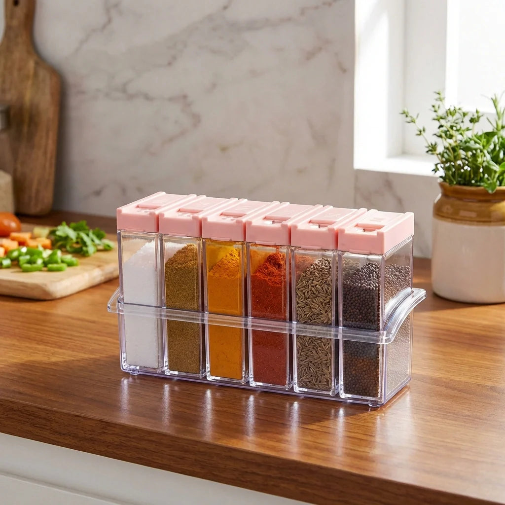 Airtight spice jars set with clear containers and pink lids, filled with spices