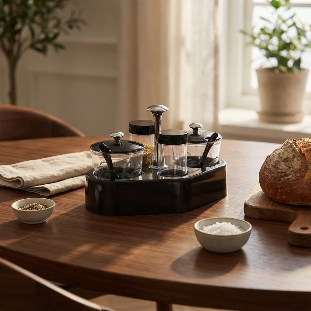 Airtight spice storage box with dark round base and clear glass jars with metal lids