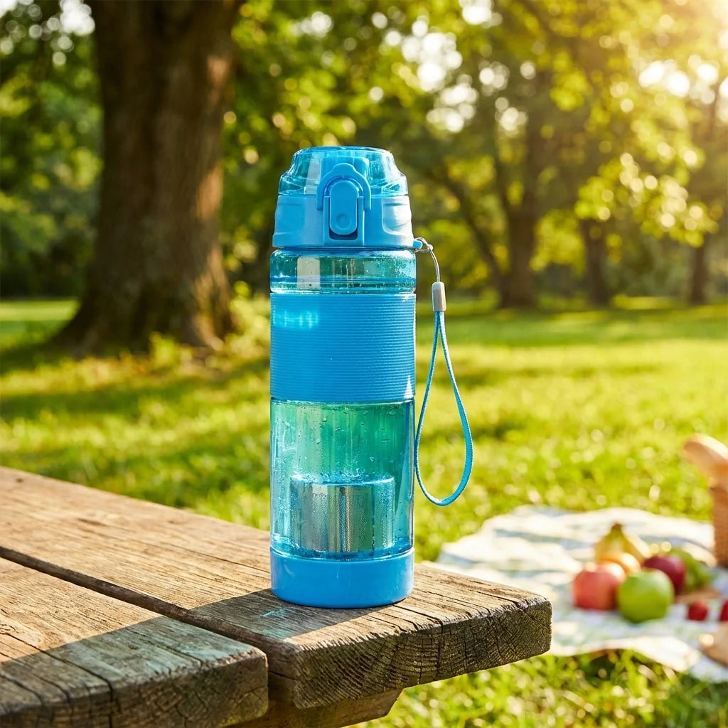 Blue alkaline antioxidant water bottle with carry loop and flip-top lid