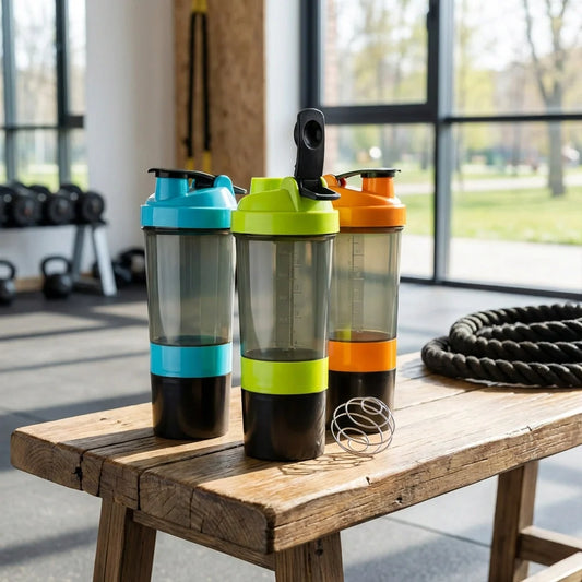 Mixer bottle with clear cup and colored lids (teal, lime, orange)