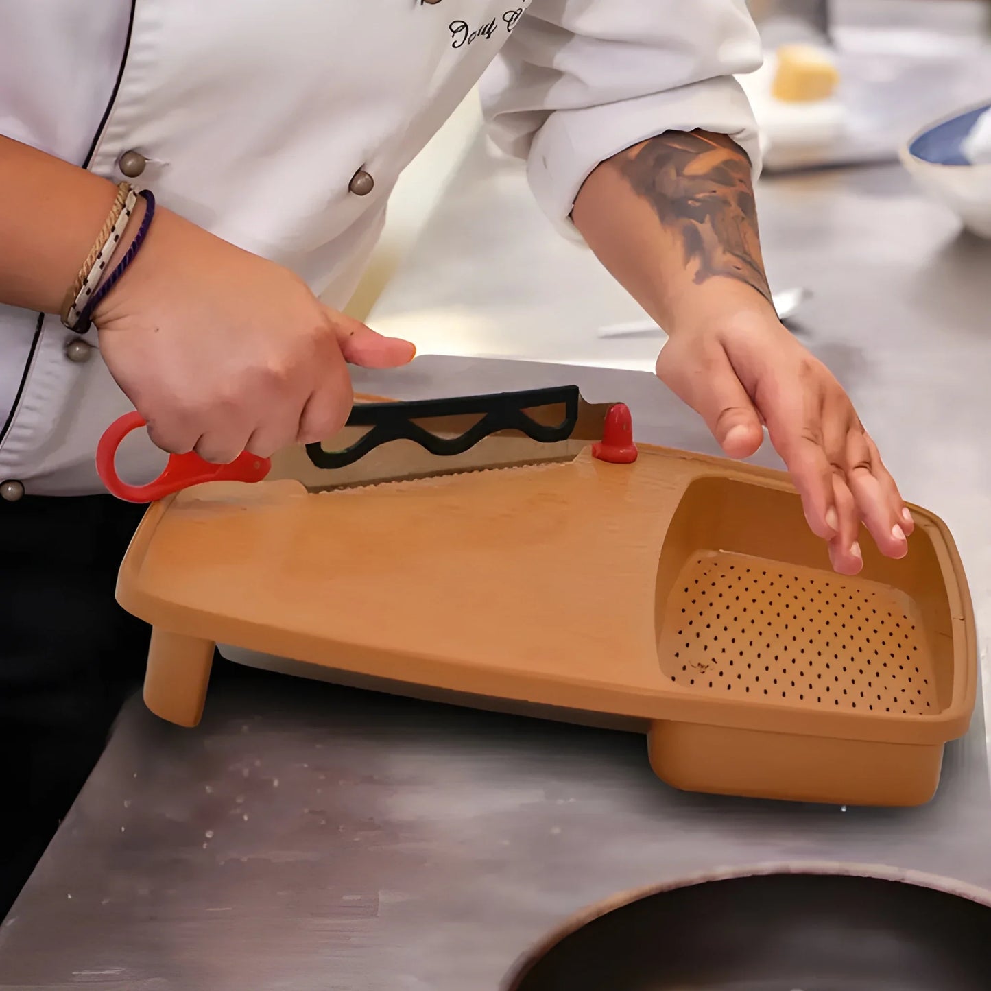 All-in-One prep tray with tan base, perforated insert, and raised edges