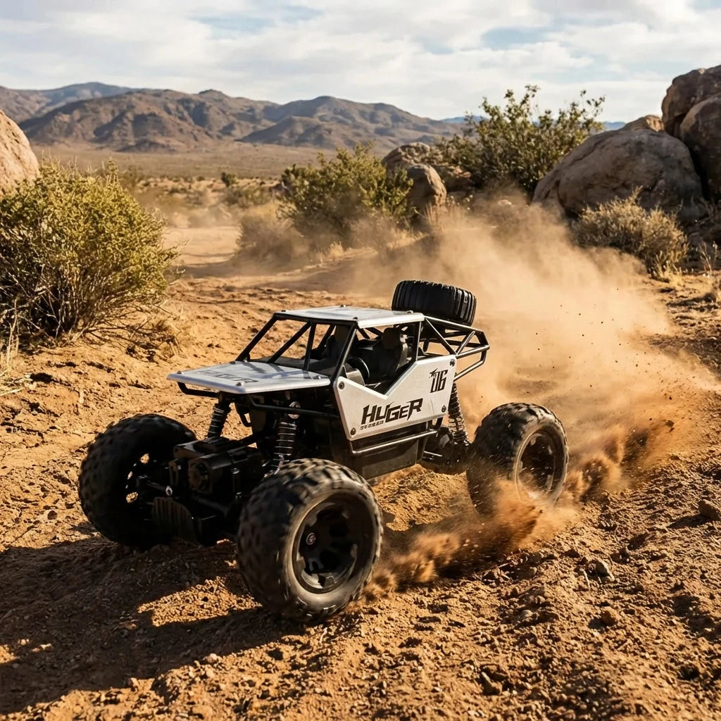 All-terrain RC rock crawler with white cab and oversized tread tires on dirt