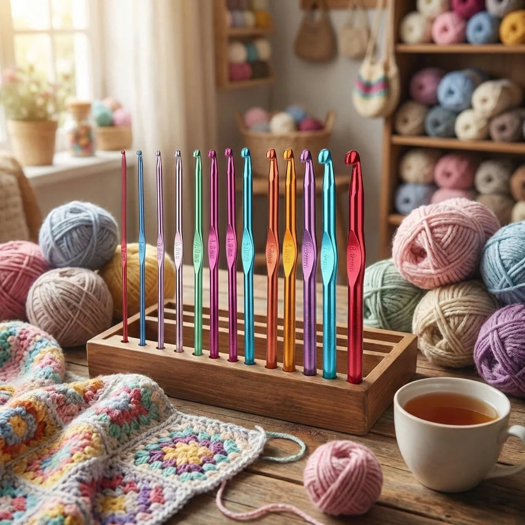 Crochet needle set with colorful aluminum handles, shown on wooden organizer