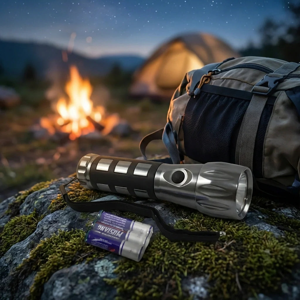 Aluminum LED flashlight with rubber grip, metallic finish