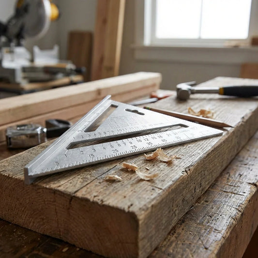 Aluminum speed square with etched measurement scale on workbench