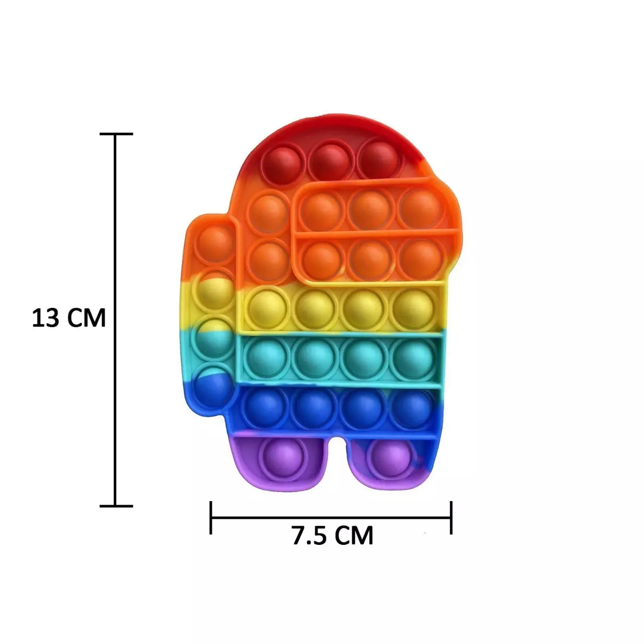 Rainbow silicone pop fidget toy shaped like a game character with round buttons