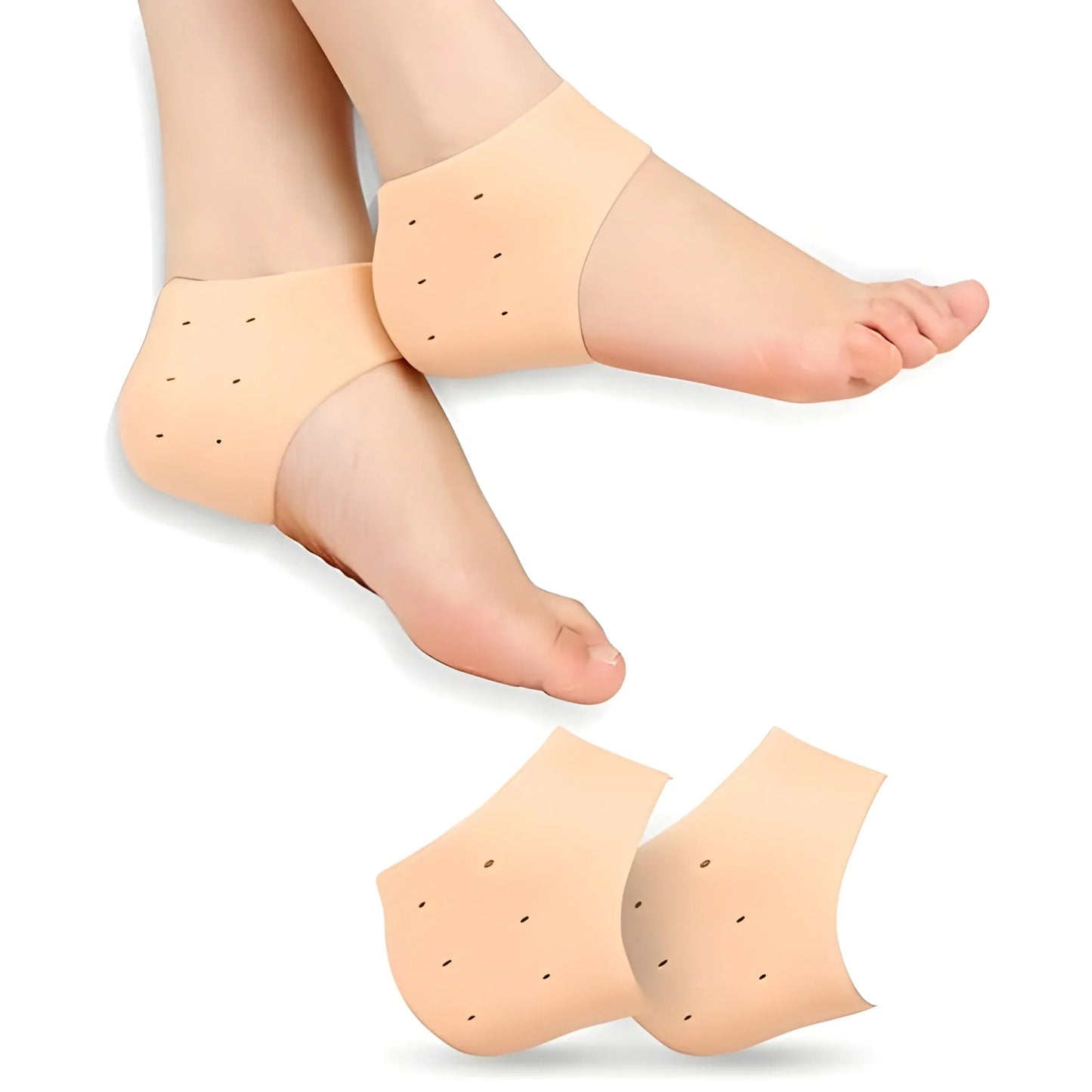 Pair of anti-crack gel heel moisturizing socks with small black dots, beige