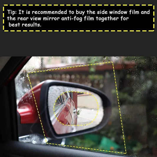 Anti-fog car side mirror film with transparent protective coverage on a mirror