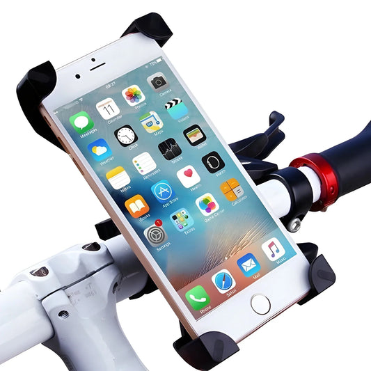 Anti-shake bike phone mount with black clamp holding a smartphone on handlebars
