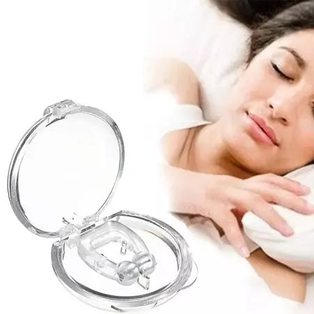 Stainless steel anti-snoring nose clip with hinged pads, shown open