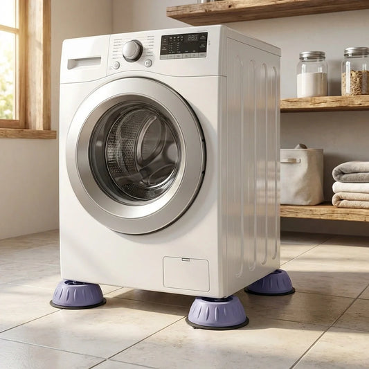 Anti-vibration pads under white washer and dryer feet, purple rubber bases.