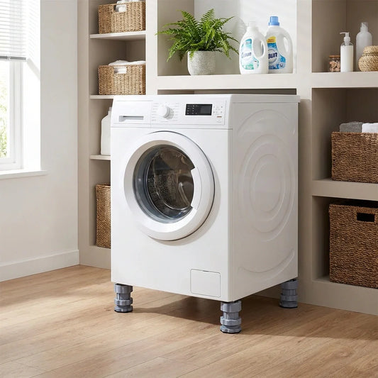 Anti-vibration support pads under washing machine legs, gray.