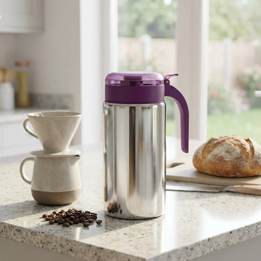 Stainless steel oil pourer with purple lid and side handle