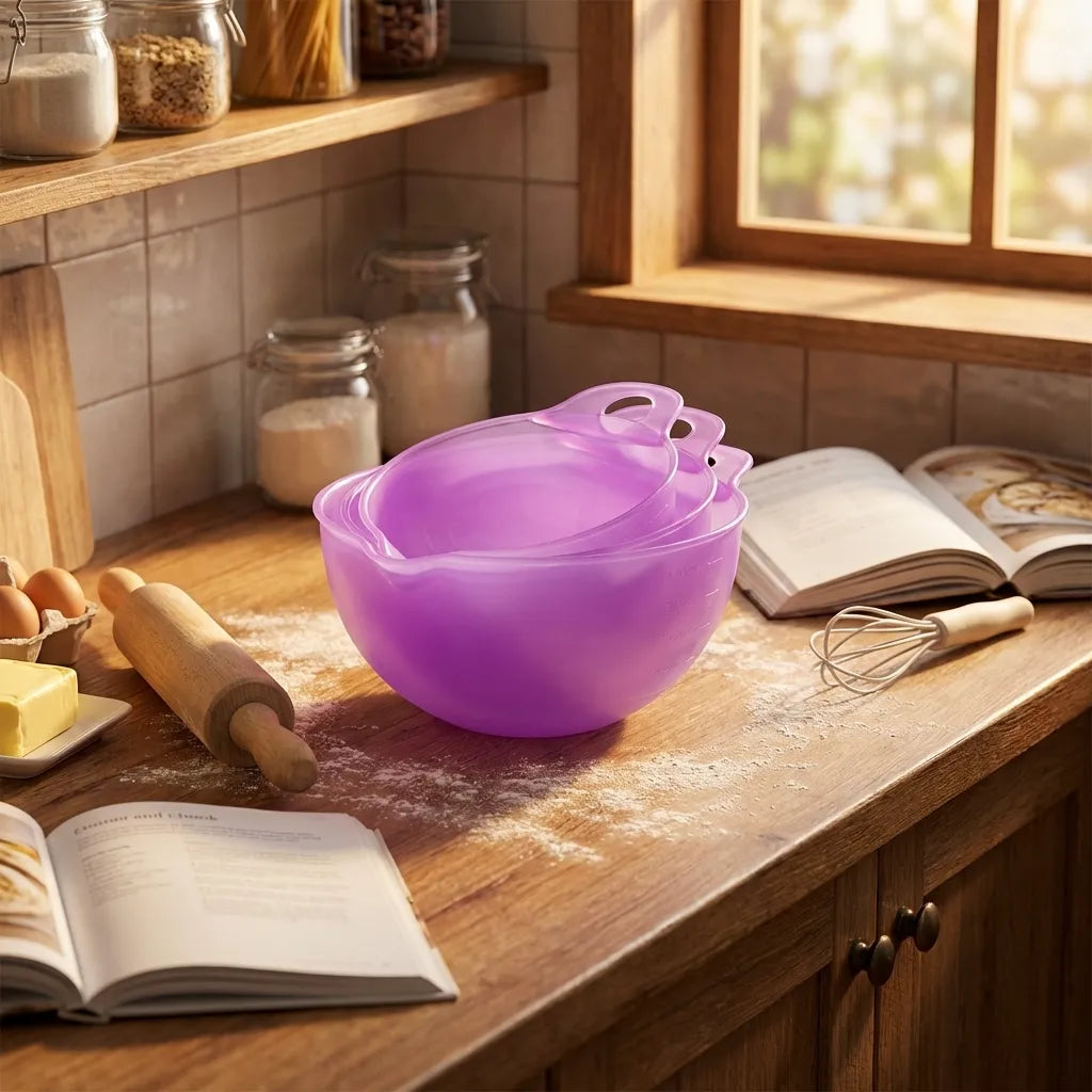 Purple 3-piece prep bowls with lid, stackable nesting bowls on kitchen counter.