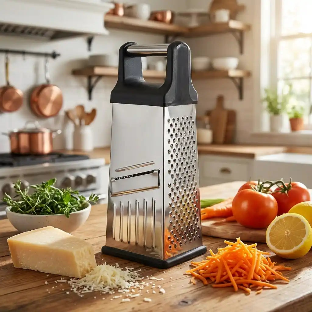 Stainless steel box grater with black handle and perforated grating panel