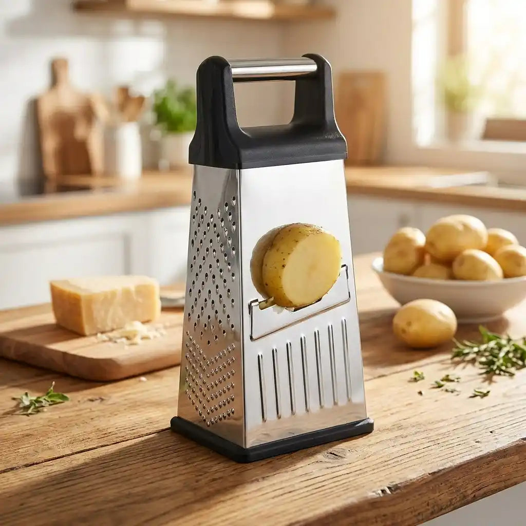 Stainless steel box grater with black handle, grating holes and potato in opening
