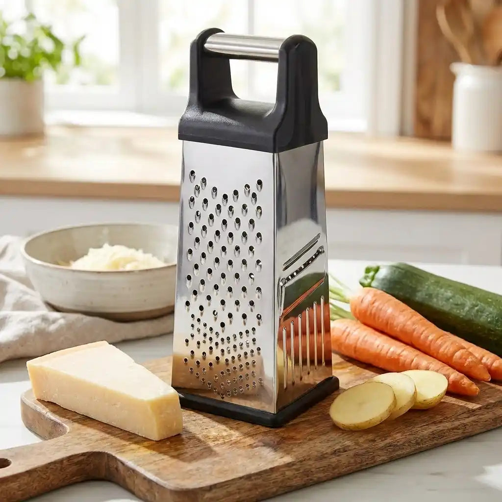 Stainless steel box grater with black handle, perforated surface and slicing insert