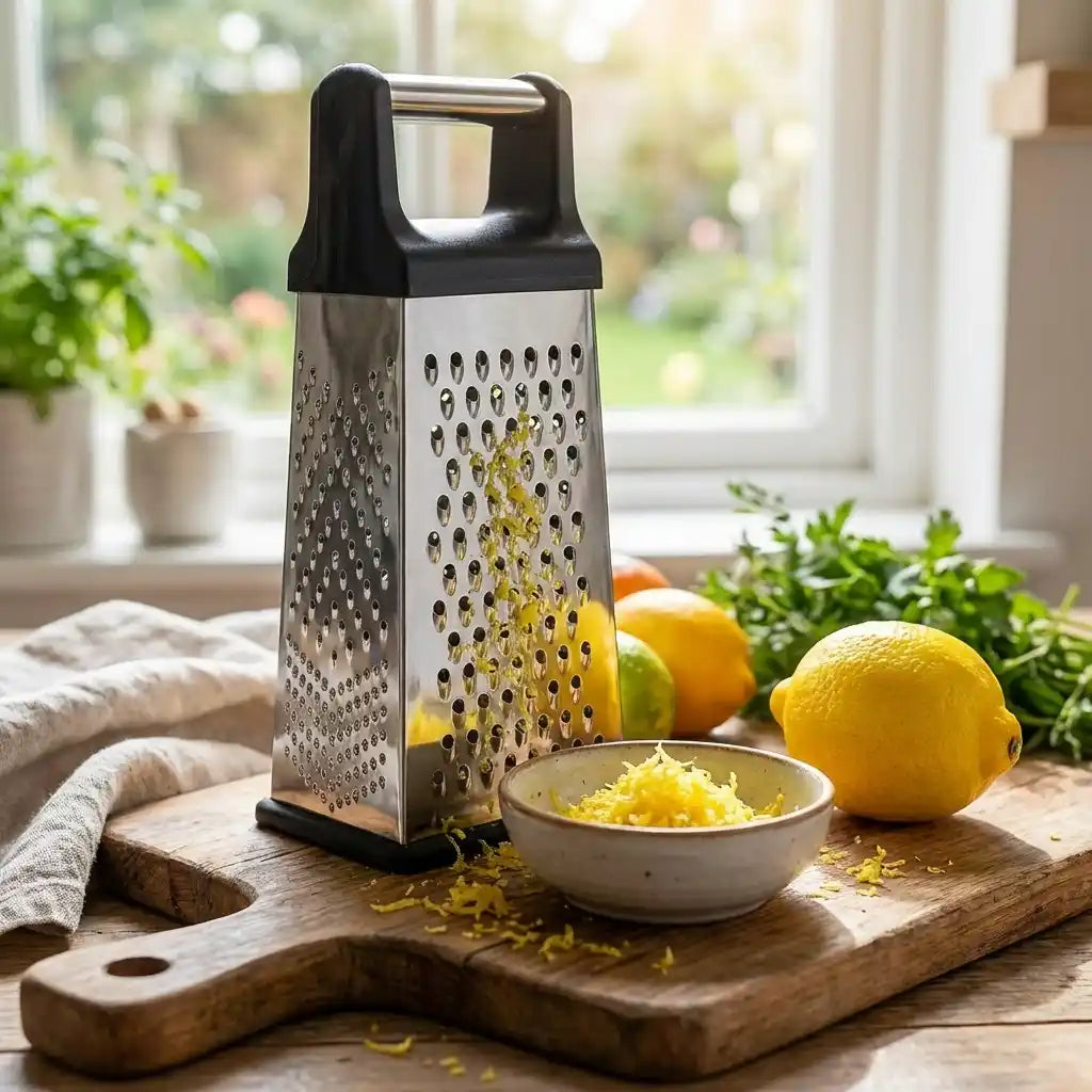 Stainless steel box grater with black handle, perforated face and side blade