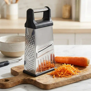 Stainless steel box grater with black handle, grating surface and tool feet