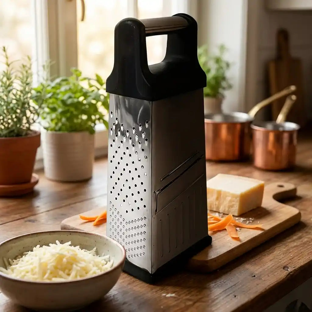 Stainless steel box grater with black handle and long slicing slot on front