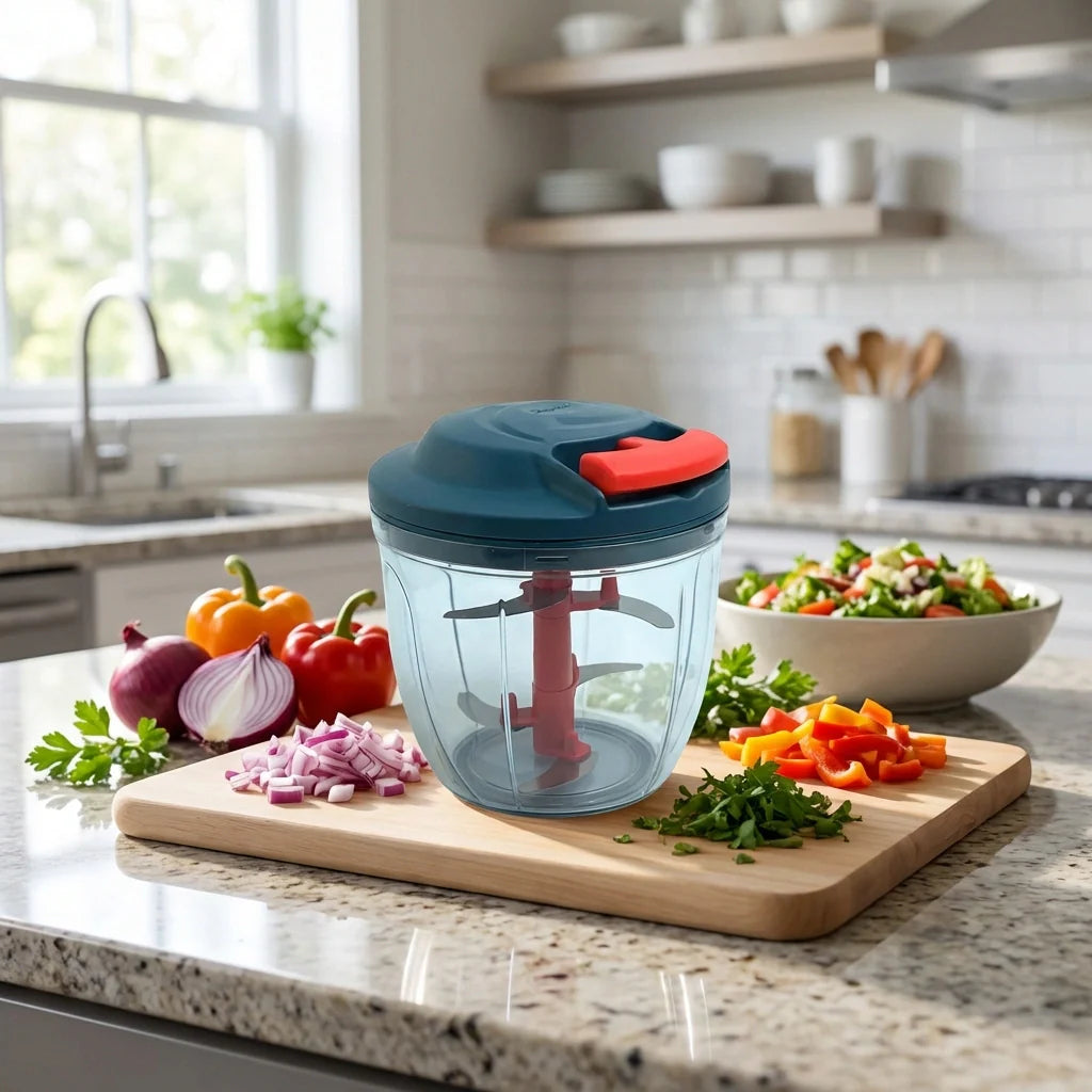 Hand-powered vegetable chopper with glass container, dark blue lid, and red handle