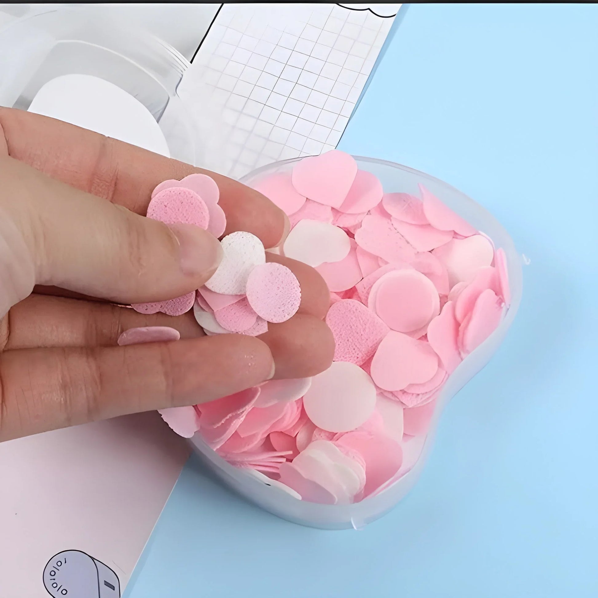 Soft paper soap sheets in pink, round and layered, held in a hand