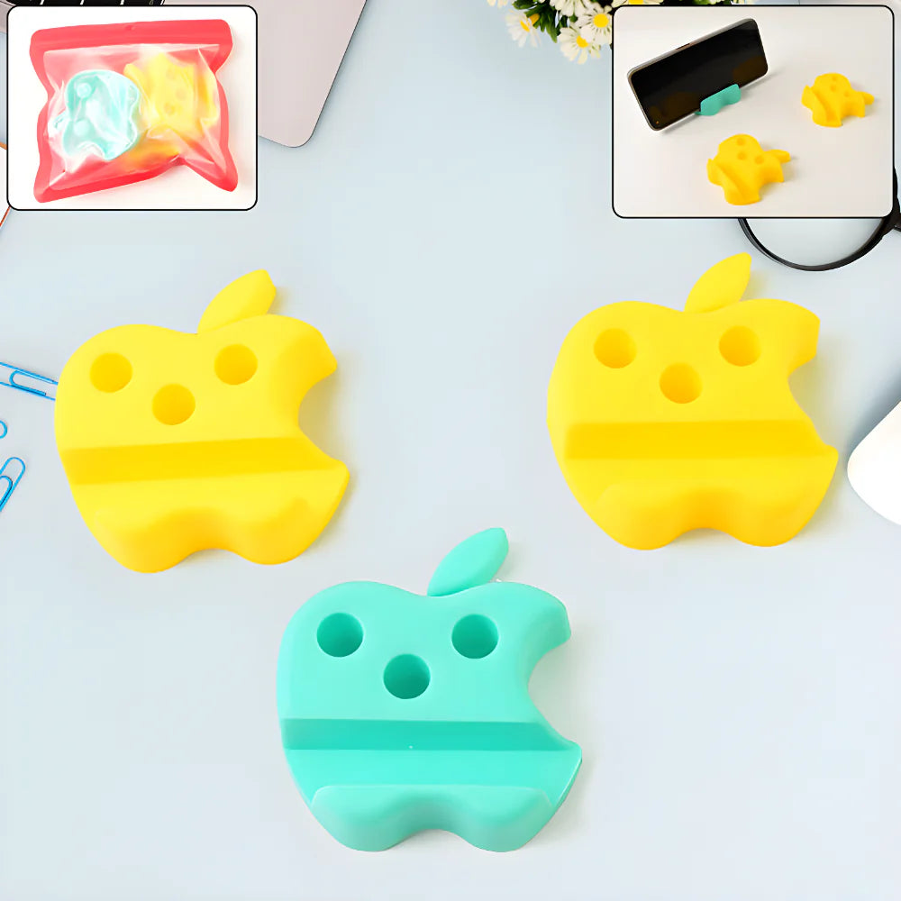 Rabbit-shaped desk phone stand in yellow and teal, with phone cradle