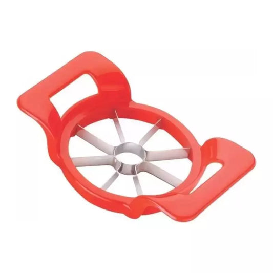 Red apple slicer tool with five-blade wheel and hinged handle