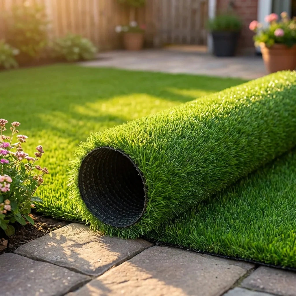 Artificial grass turf roll with dark backing, green fibers, rolled edge