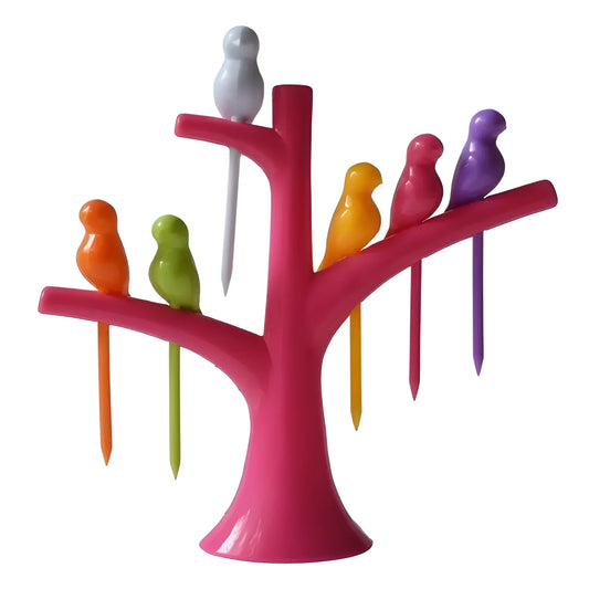 Colorful avian tableware set with red tree stand and upright bird-shaped holders