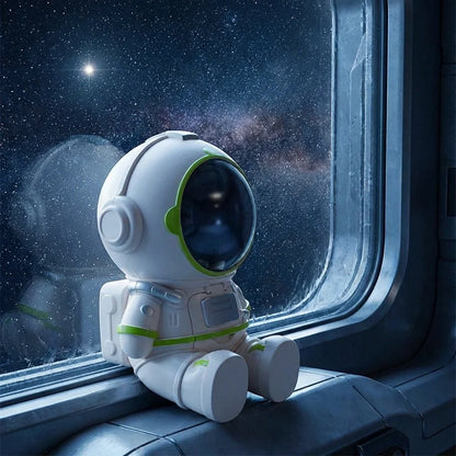 Astronaut-shaped water dispenser with dark visor and green accents inside space pod