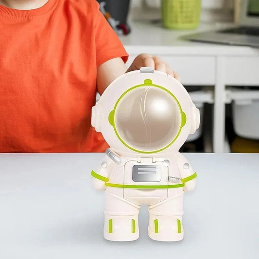Astronaut-shaped water dispenser with green-trimmed clear visor and white body