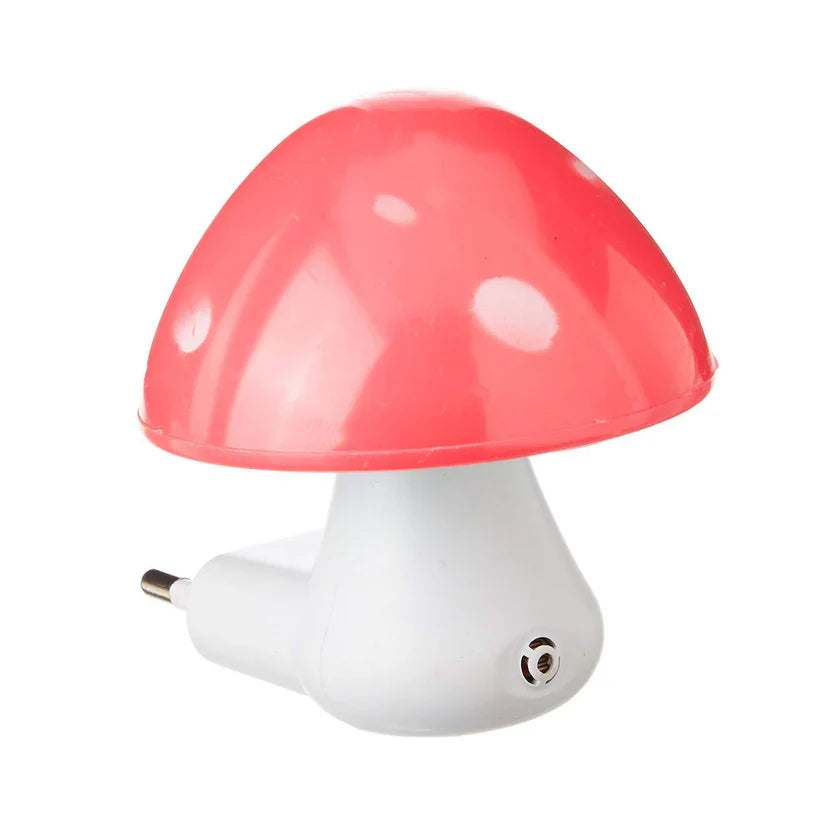 Mushroom lamp with red dome shade and white base