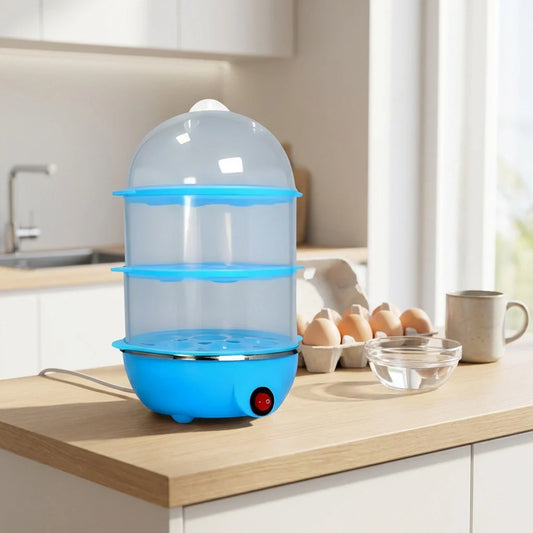 Blue automatic egg steamer cooker with clear stack and domed lid, countertop base