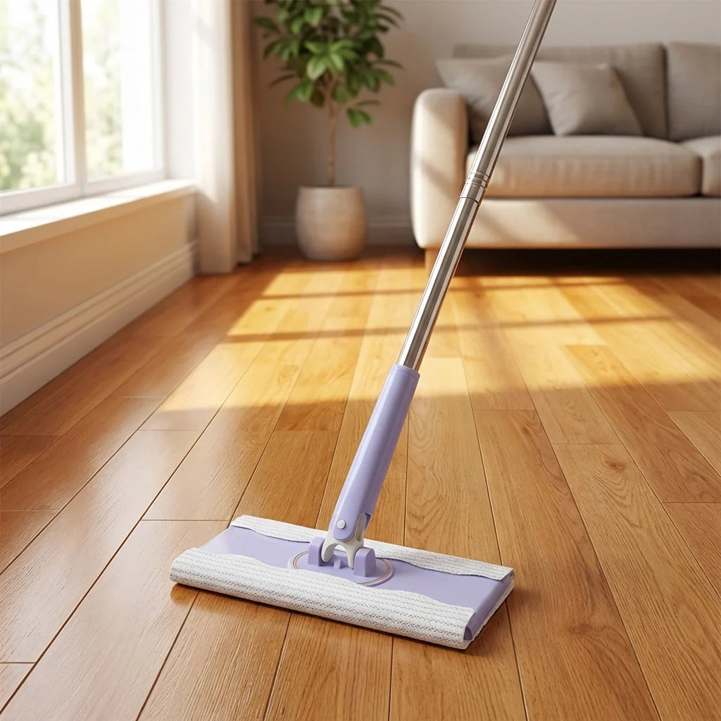 Automatic mini mop with flat microfiber pad and metal handle