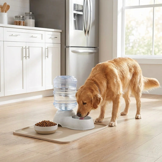 Automatic pet water dispenser with clear top water tank and gray base