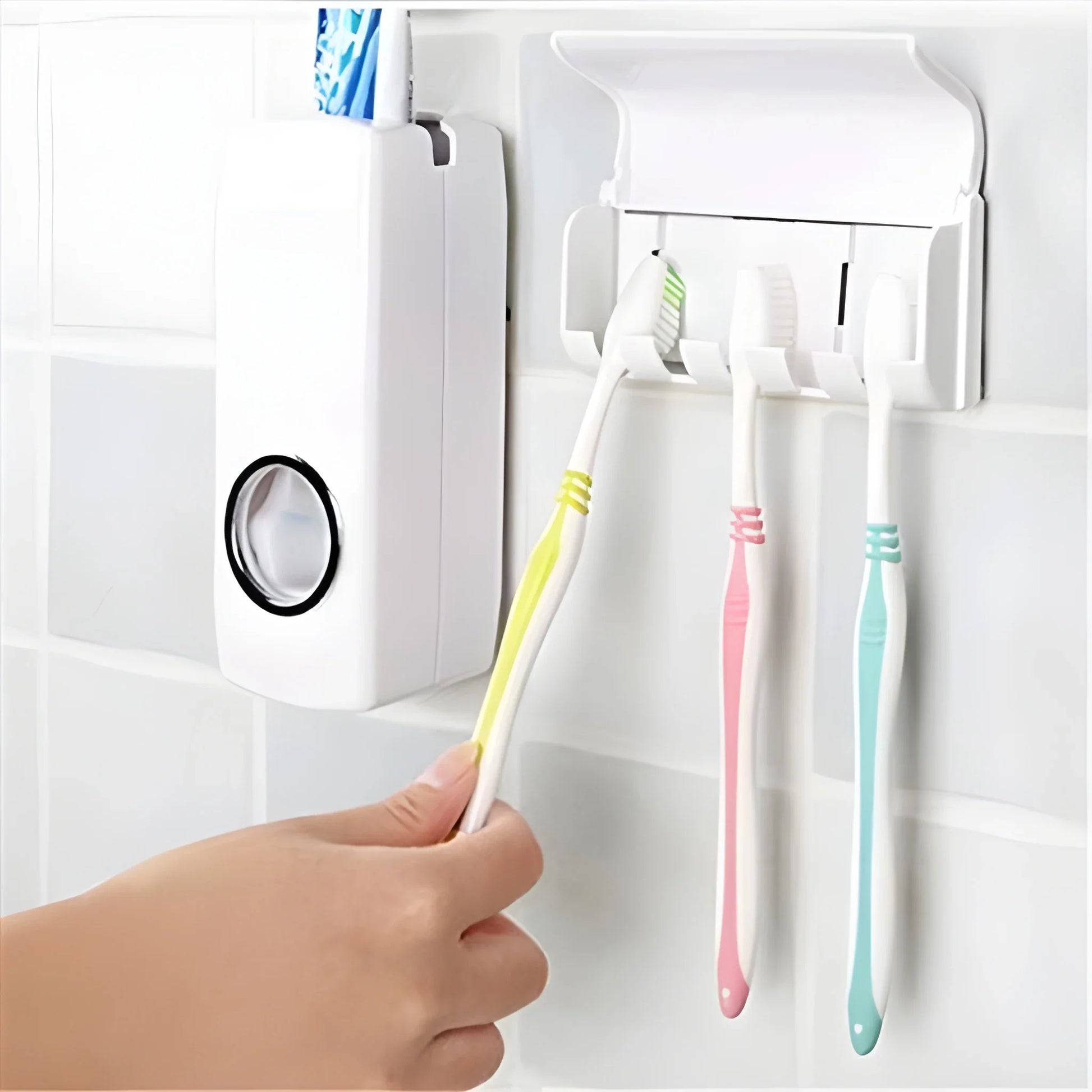 Automatic touchless toothpaste dispenser with built-in toothbrush holders, white