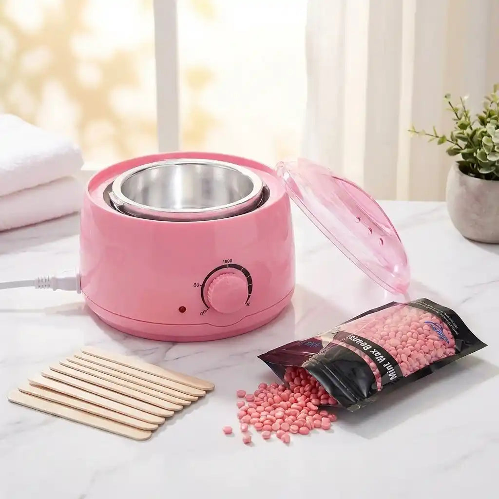 Automatic wax and oil heater pink base with open lid and front temperature dial